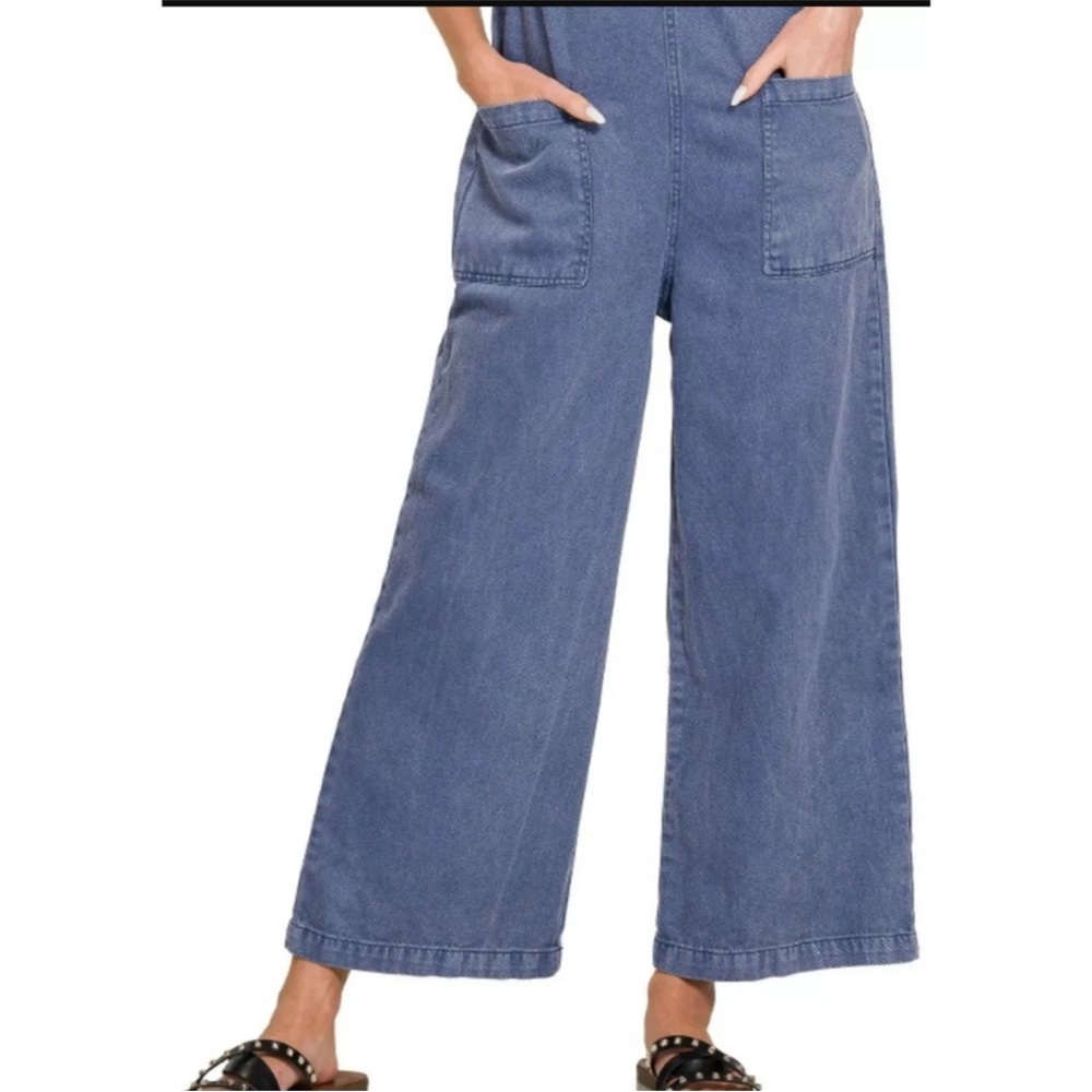 💞 Zenana Washed Knot Strap Pocket Denim Jumpsuit NWT (1864Y) - Picture 3 of 9